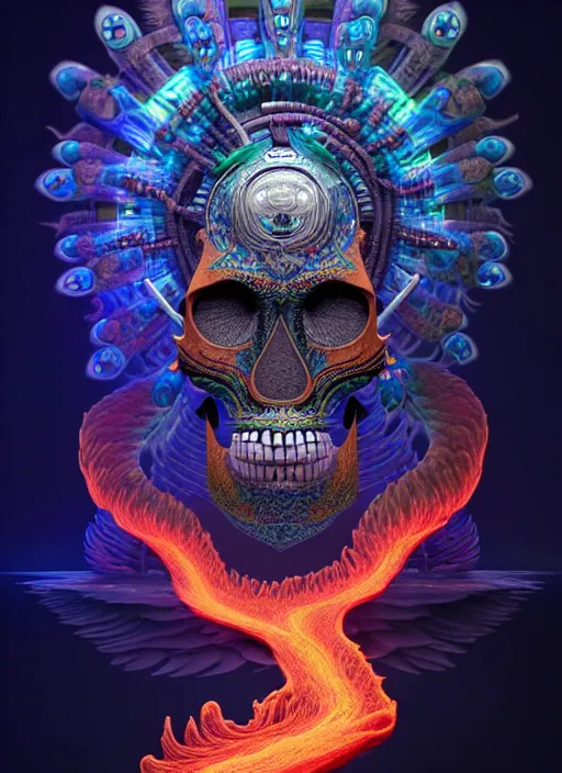 Image similar to 3 d shaman with tattoos profile portrait, sigma 5 0 0 mm f / 5. beautiful intricate highly detailed quetzalcoatl skull and feathers. bioluminescent, plasma, lava, ice, water, wind, creature, thunderstorm! artwork by tooth wu and wlop and beeple and greg rutkowski, 8 k trending on artstation,