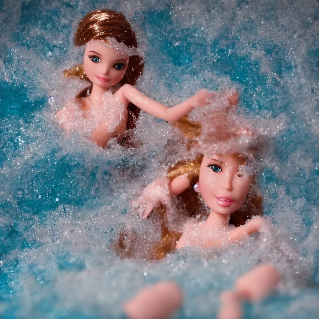 Image similar to barbie doll in the bath, macro shot, stopmotion