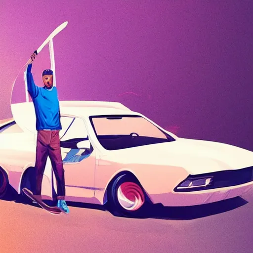 Prompt: a man holding a skateboard standing in front of a car, concept art by beeple, featured on cgsociety, retrofuturism, retrowave, synthwave, outrun