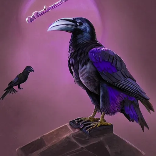 Prompt: Epic Raven Person Kenku bard with a flute, wearing a purple frock coat, D&D, fantasy, highly detailed, digital painting, headshot portrait, artstation, smooth, sharp focus, illustration, art by artgerm and greg rutkowski and alphonse mucha