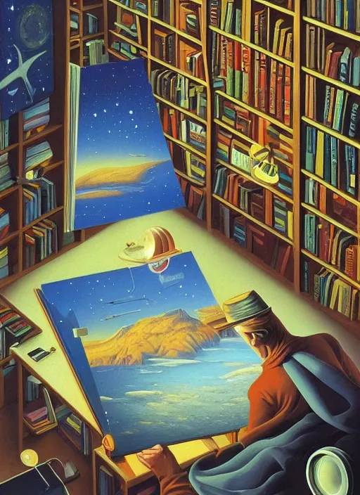 Image similar to a barnes and noble books, vintage shapes, retro technology, happy colors. rob gonsalves, oil on canvas, deep depth field, masterpiece, cinematic composition, hyperdetailed