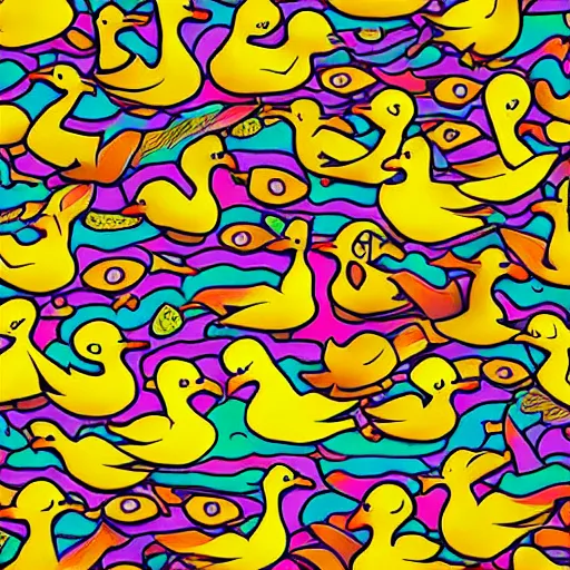 Image similar to psychedelic trippy dreamy featuring too many ducks, artwork in the style of Paprika