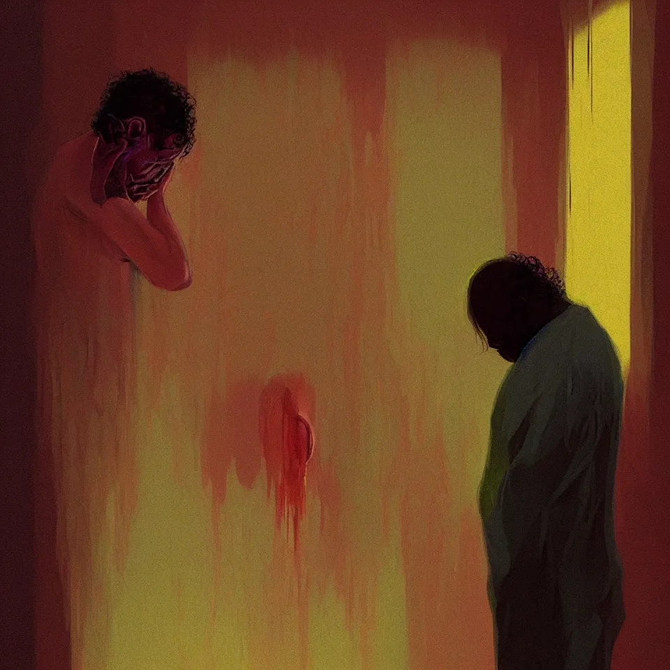 Image similar to sad and lonely psychedelic todd solondz crying alone in an empty appartment, diffuse lighting, fantasy, intricate, elegant, highly detailed, lifelike, photorealistic, digital painting, artstation, illustration, concept art, smooth, sharp focus, art by francis bacon