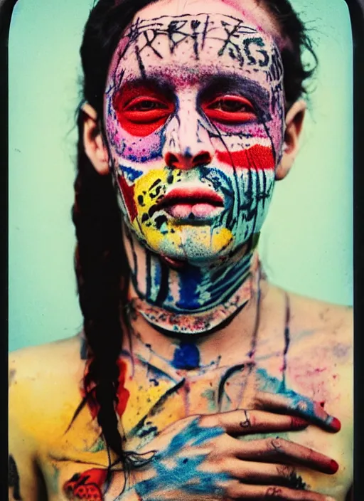 Prompt: detailed color analog medium format photo made by harmony korine, polaroid photo of person with face modifications and tatoos in american suburbs, high production value, intricate details, 8 k resolution, hyperrealistic, hdr, photorealistic, high definition, tehnicolor, award - winning photography, masterpiece, amazing colors,