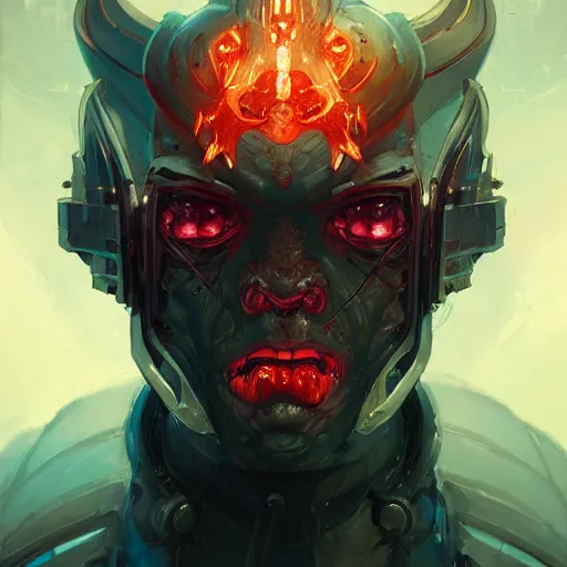 Image similar to a portrait of a demonic cybernetic duke of hell, cyberpunk concept art by pete mohrbacher and wlop and artgerm and josan gonzales, digital art, highly detailed, intricate, sci-fi, sharp focus, Trending on Artstation HQ, deviantart, unreal engine 5, 4K UHD image