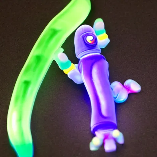 Image similar to a futuristic robot gummi worm. dramatic product lighting. it's a gummi with extra juiciness. but it's also a worm. ick.