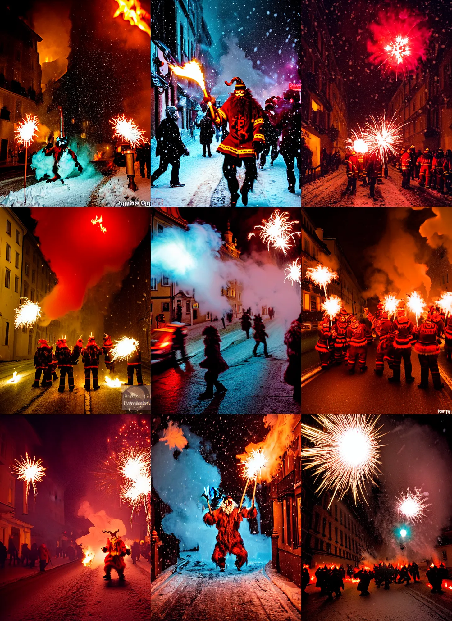 Image similar to kodak portra 4 0 0, winter, snowflakes, hellfire chaos, award winning dynamic photo of a bunch of hazardous krampus between exploding fire barrels by robert capas, motion blur, in a narrow lane in salzburg at night with colourful pyro fireworks and torches, teal lights