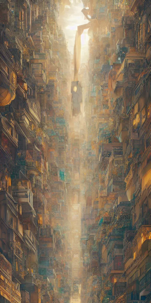 Image similar to ' a metropolis made out of colored !folded paper, paper origami, !city background, ethereal, fantasy, Lawrence Alma-Tadema, James Jean, oozium, peter morbacher, angelarium, alchemy, luxury, heavenly light, Soft illumination, Trending on artstation, Cinematic Lighting, very detailed, 3D, octane render, artgerm'