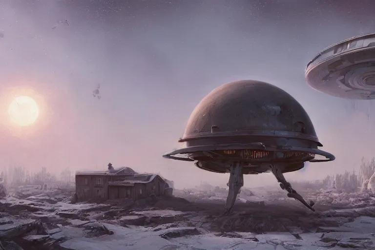 Image similar to a beautiful matte painting of a alien spaceship over the soviet village simon stalenhag and jakub rozalski and alan bean, trending on artstation, realistic rendering