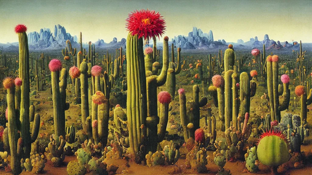 Image similar to cacti surrounded by a single colorful! ( lovecraftian ) humanoid fungus tower white! clear empty sky, a high contrast!! ultradetailed photorealistic painting by jan van eyck, audubon, rene magritte, agnes pelton, max ernst, walton ford, andreas achenbach, ernst haeckel, hard lighting, masterpiece