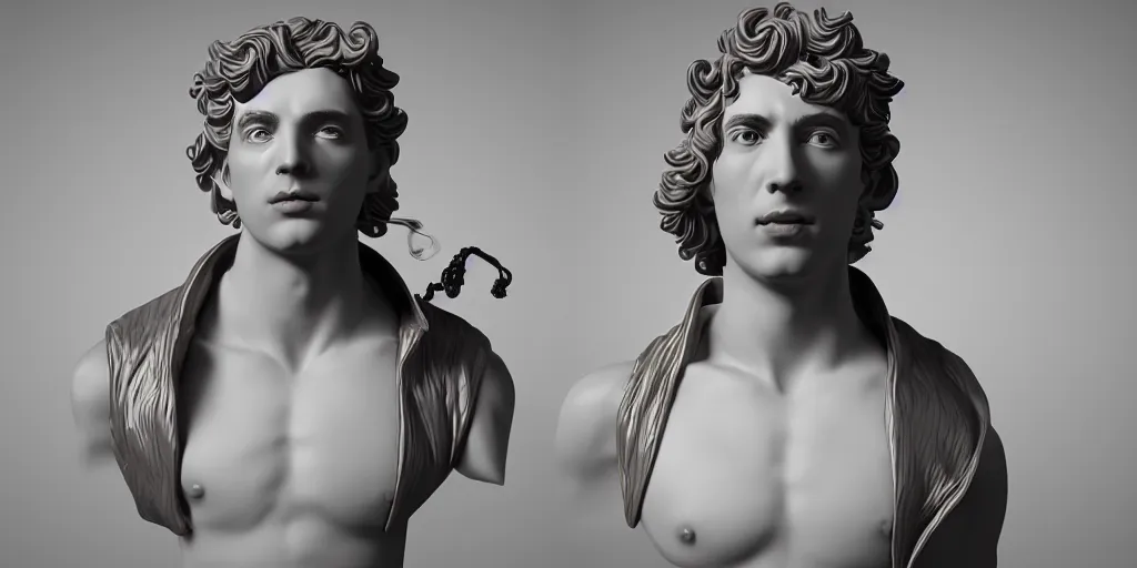 Image similar to a perfect porcelain Baroque style bust of handsome young Spanish man with pipe cleaners coming out of the neck, photorealism, octane render, depth of field, 8k, 35mm, artgem, Trending on artstation