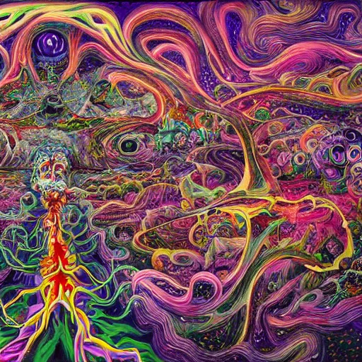 Prompt: a fine hyper - detailed painting of complex conceptual moments in chaotic dreams with deformed beings that appear and disappear, cosmic horror psychedelic weird bizarre art