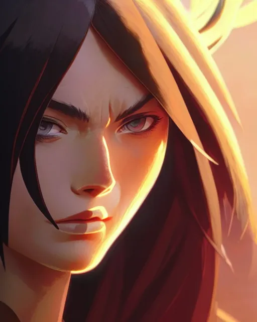 Image similar to azctec warrior, megan fox, detailed perfect face, exquisite details, fire magic, mid view, design on a white background, by studio muti, greg rutkowski makoto shinkai takashi takeuchi studio ghibli