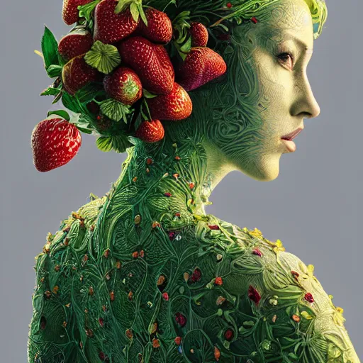 Image similar to the portrait of an absurdly beautiful, graceful, elegant, sophisticated woman made of strawberries and green petals, an ultrafine hyperdetailed illustration by kim jung gi, irakli nadar, golden ratio, intricate linework, bright colors, octopath traveler, final fantasy, unreal engine 5 highly rendered, global illumination, radiant light, detailed and intricate environment