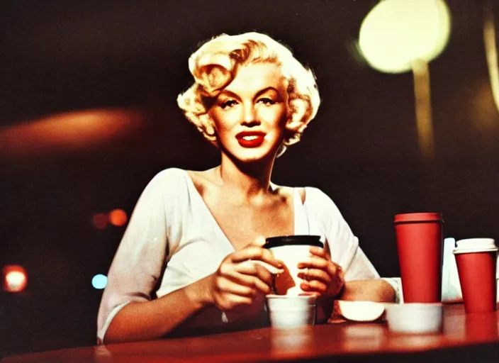 Image similar to A close-up, color cinema film still of a marlin monroe drinking coffee at a starbucks, ambient lighting at night.