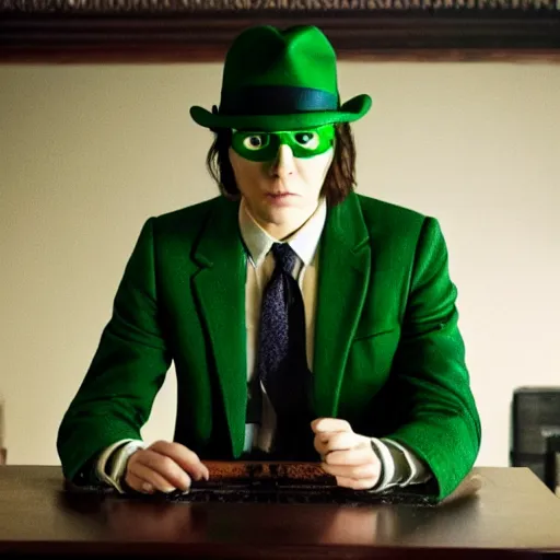 Image similar to film still of Paul Dano as Riddler in a green suit and tie and green fedora no mask in The Batman, 4k, dark lighting, film noir, grainy, dark tone