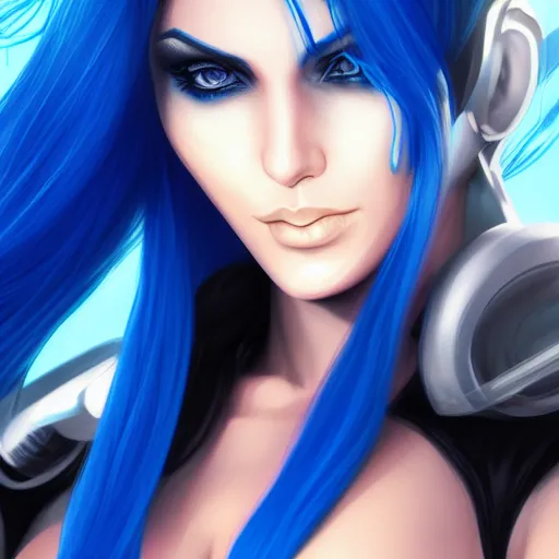 Image similar to a close up of a woman with blue hair, cyberpunk art by Artgerm, featured on cgsociety, fantasy art, deviantart, 2d game art, deviantart hd