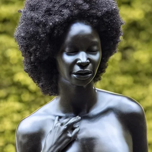 Image similar to a photorealistic all white marble sculpture of a black girl with a white afro crying