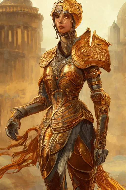 Image similar to portrait knights of Zodiac girl, golden and copper reflected armor, in ruined Agora of Athens, ssci-fi, fantasy, intricate, very very beautiful, elegant, highly detailed, digital painting, artstation, concept art, smooth, sharp focus, illustration, art by WLOP and tian zi and alphonse mucha