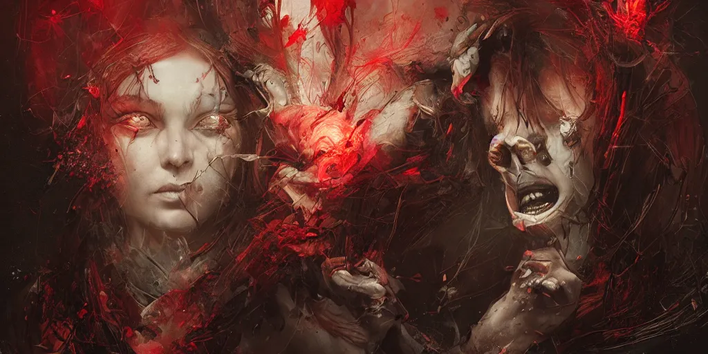 Prompt: long - shot, sacrificial ritual, dark energy, contrast magic lightning, glyphs from blood, alice in wonderland, tom bagshaw, craig mullins, carne griffiths, hyper - detailed, expression, energetic, horror, creepy, scary, digital art