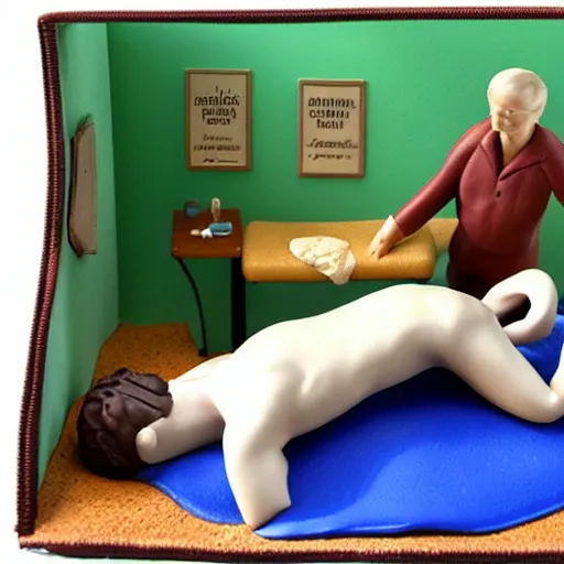 Prompt: clay diorama of a massage therapist with a portable massage table