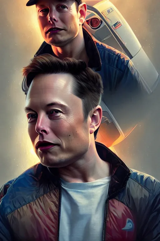 Image similar to elon musk as marty mcfly, realistic portrait, symmetrical, highly detailed, digital painting, artstation, concept art, smooth, sharp focus, illustration, cinematic lighting, art by artgerm and greg rutkowski and alphonse mucha