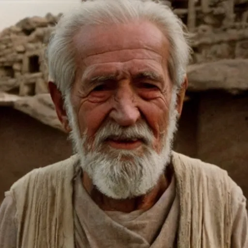 Prompt: cinematic film still of 80 year old man in ancient Canaanite clothing building Noah's Ark, directed by Steven Spielberg