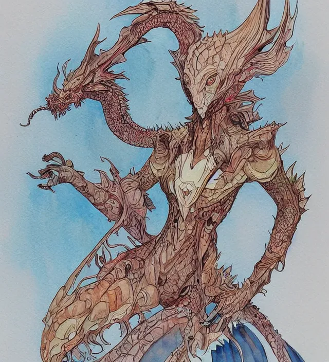 Image similar to a 3 / 4 view watercolor ink painting of a humanoid anthropomorphic dragon in a dress in the style of jean giraud in the style of moebius trending on artstation deviantart pinterest detailed realistic hd 8 k high resolution