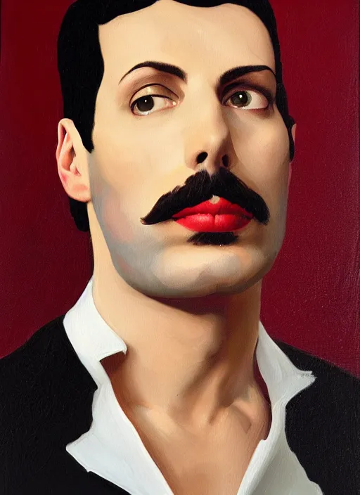 Image similar to a portrait painting of Freddie Mercury by John Currin