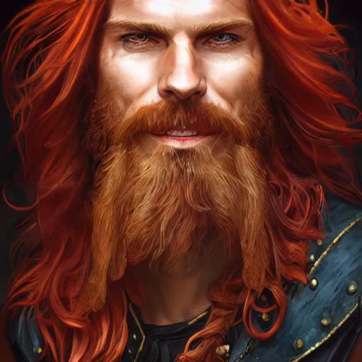 Prompt: portrait of a young ruggedly handsome but joyful pirate, male, masculine, upper body, red hair, long flowing hair, d & d, fantasy, mischievous smirk, intricate, elegant, highly detailed, digital painting, artstation, concept art, matte, sharp focus, illustration, art by artgerm and greg rutkowski and alphonse mucha