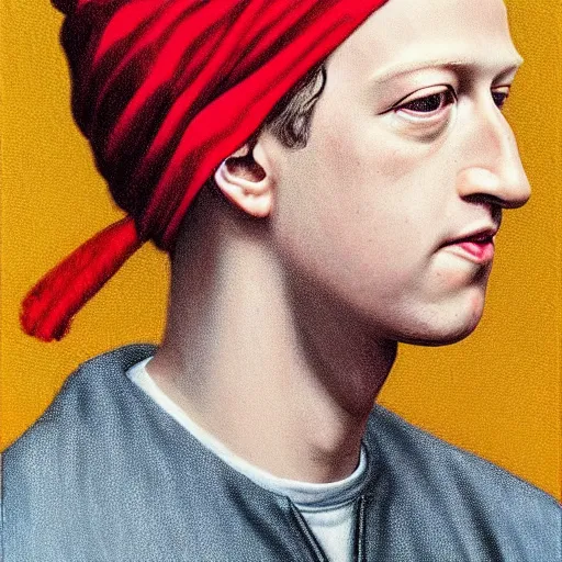 Image similar to mark zuckerberg with a Pearl Earring painted by Beksinski