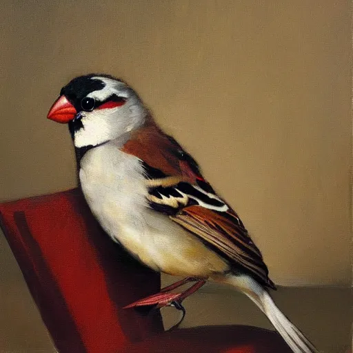 Prompt: an oil painting of a sparrow perched on a chair, highly detailed, oleo, artstation, sharp focus, by diego velazquez