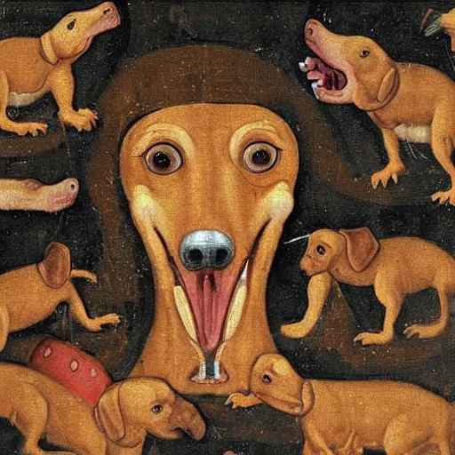 Prompt: medieval painting of the depths of hell see in the opened mouth of a gigantic dachshund,