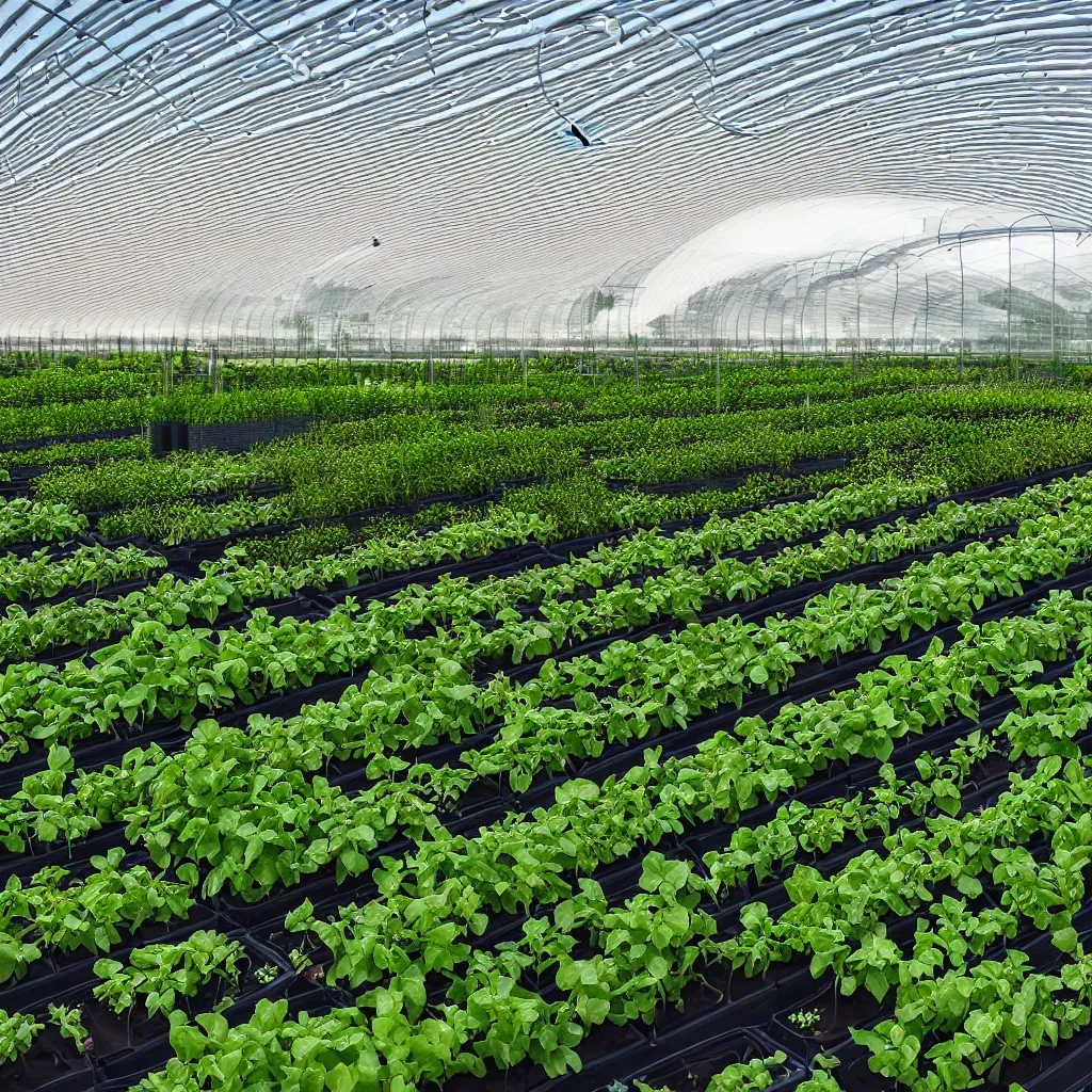 Image similar to zaha hadid style greenhouse, irrigation system in the background, racks of vegetables propagated under shadecloth, in the middle of the desert, with a miniature indoor lake, XF IQ4, 150MP, 50mm, F1.4, ISO 200, 1/160s, natural light at sunset with outdoor led strip lighting