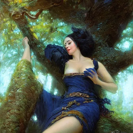 Image similar to portrait of a woman resting on a large tree, short black hair, decorative dark blue clothing, sharp focus, ultra realistic illustration, colorful, cinematic lighting, high fantasy, intricate, highly detailed, smooth, elegant, gaston bussiere, bayard wu, greg rutkowski