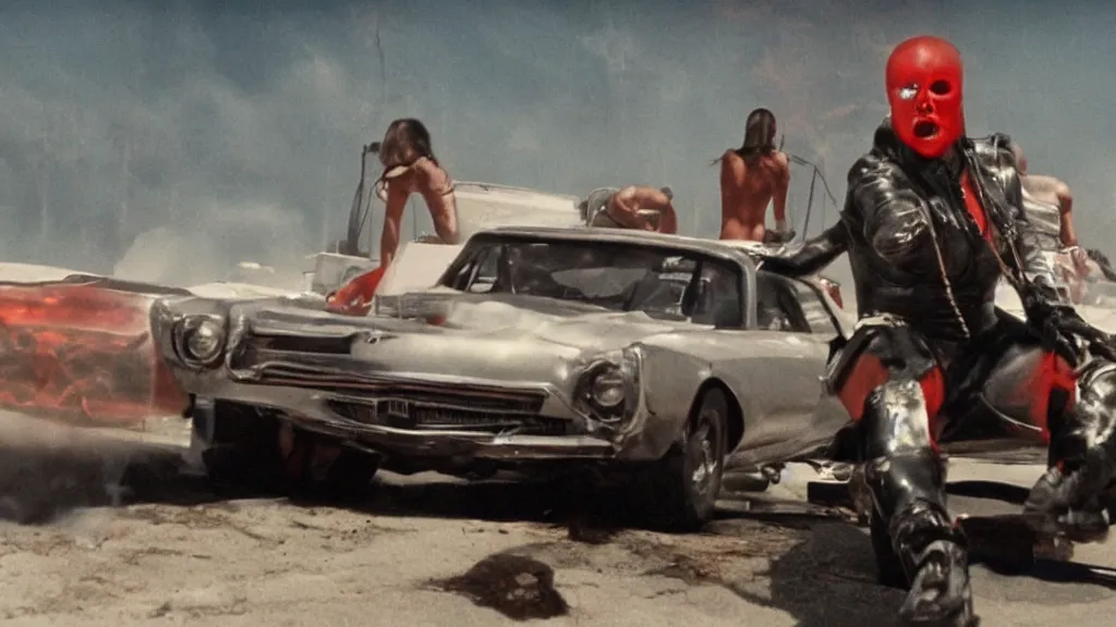 Prompt: film still from the movie death race three thousand, cult cinema, pulp cinema, vintage, nineteen seventies, saturated color, cinematic lighting, cinematic composition, ultra realistic, highly detailed, wide screen, panavision, hd