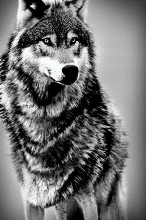 Image similar to wolf animal, film noir style, cinematic, black and white