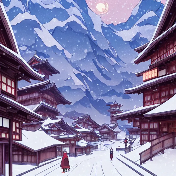 Prompt: empty japanese mountain city, winter, in the style of studio ghibli, j. c. leyendecker, greg rutkowski, artem