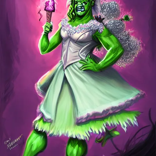 Image similar to d&d character artwork of an orc drag queen who is wearing a very girly prissy frilly rococo ballgown outfit and a huge rococo updo pouf wig, orc with green skin, drag, girly, fabulous, D&D, fantasy artwork, highly detailed, digital painting, artstation, smooth, sharp focus, illustration, art by artgerm and greg rutkowski and alphonse mucha