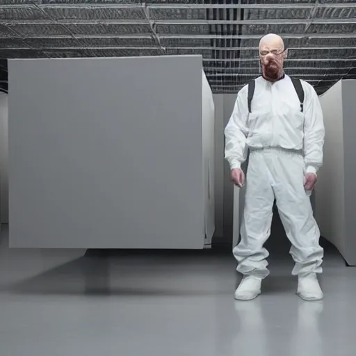 Image similar to walter white pushing a large grey cube in a large empty white room