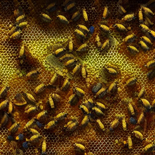 Prompt: inside a beehive, cells, honey, bees, pollen, flowers, close up, highly detailed, digital painting, concept art, artstation, 4k, by Makoto Shinkai, Maya Takamura, and Mandy Jurgens