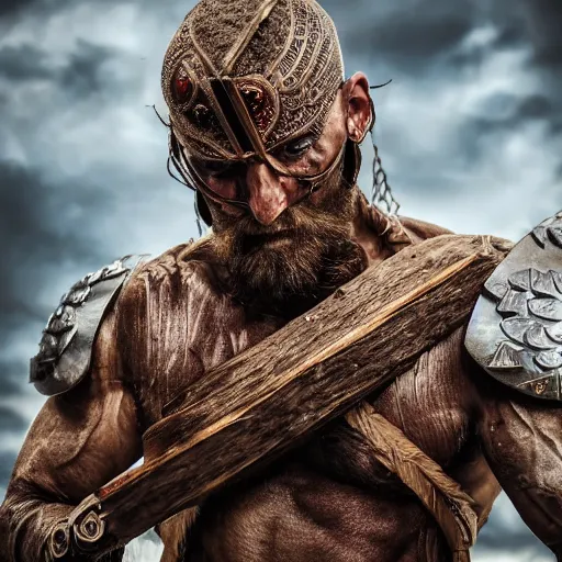 Image similar to muscular warrior with tree - bark skin wearing intricate stone and wood armor, holding halberd with laser blade, battlefield, highly detailed, dramatic lighting, cinematic, sci - fi, hyperrealistic, detailed