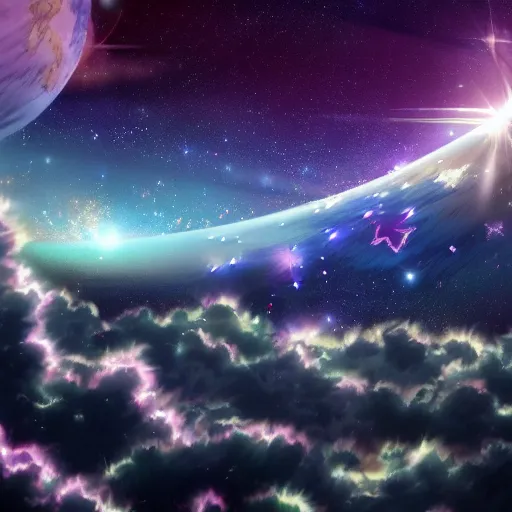 Prompt: anime style hd wallpaper of outer space horizon, glittering stars scattered about, lilac colors