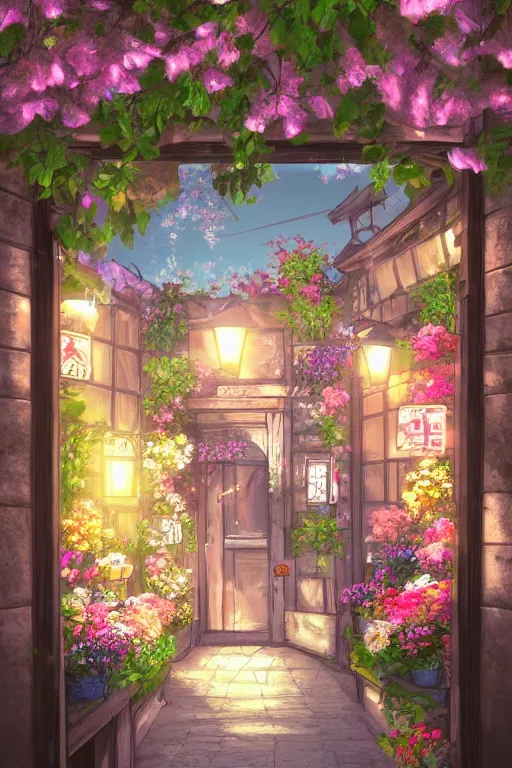 Image similar to a little flower shop's front gate, refreshing, digital illustration, pixiv, dramatic lighting