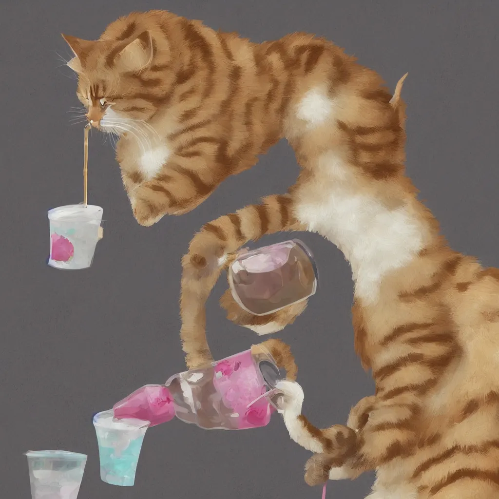 Prompt: a cat drinking a bubble tea, tom cross digital art