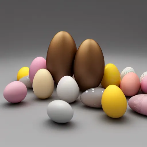 Prompt: high quality octane render of Easter eggs, pastel colors, golden and onyx accents, a set of buck teeth dentures sitting next to the eggs, 3d blender, corona render, digital art