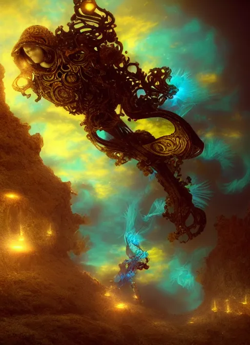 Image similar to flowers within the whole infinite capsule apparent with awe the apparition, an idea seep's into infinity highly detailed in volumetric latent space, golden turquoise steampunk, high contrast cinematic light, mystical shadows, sharp focus, divine realm of gods, octane render, artist by boris vallejo,