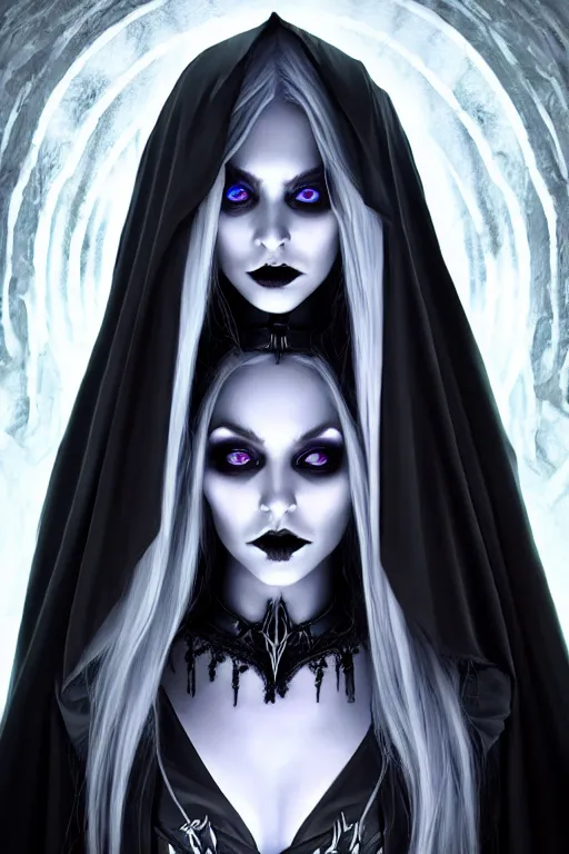 Image similar to hyper realistic portrait art of a female drow necromancer, wearing gothic trinkets, beautiful face, dark hooded robes, moonlit, ghostly atmosphere, spirits, long dark hair, by stanley artgerm lau, wlop, rossdraws, james jean, andrei riabovitchev, marc simonetti, and sakimichan, tranding on artstation