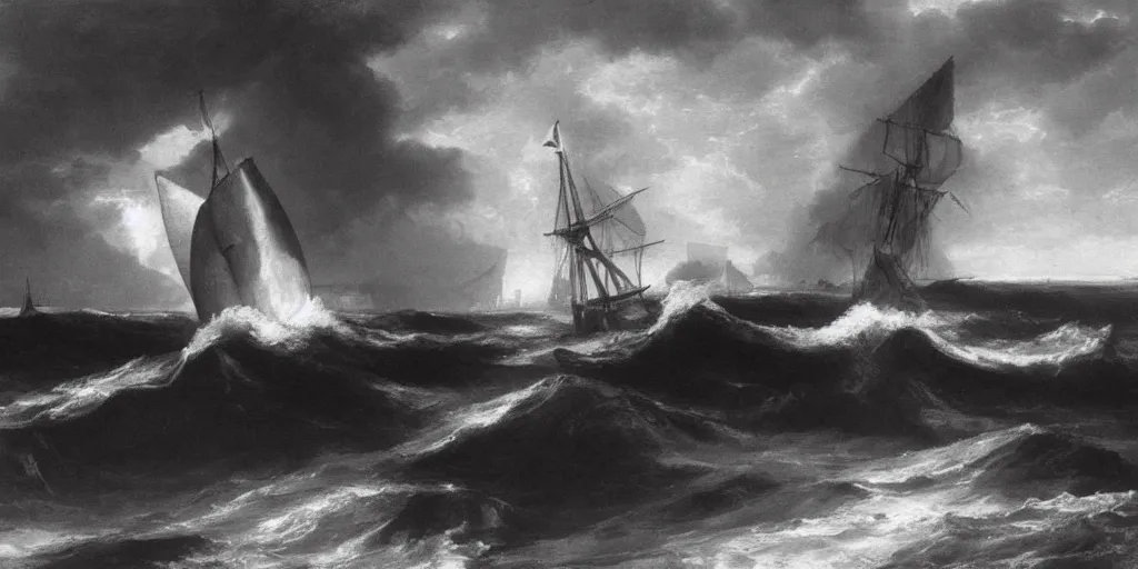 Prompt: A wooden ship wreck muscular sailors waves swell black and white Renaissances painting by George Romney