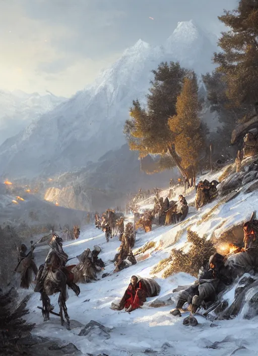 Image similar to rebel medieval encampment on the slopes of alpine mountain, by greg rutkowski, by asher brown durand, artstation